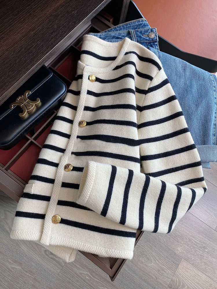 Chic Striped O Neck Sweaters Women Autumn Winter Korean Fashion Long Sleeve Knitwear Coats Single Breasted Knitted Cardigans Natalia Home Fashion    Natalia Home Fashion
