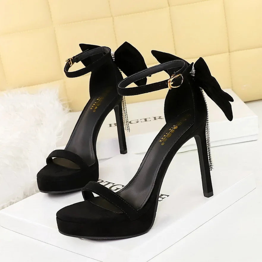 Women's Sandals Bow Chain Narrow Band Platform Sandals Lady Ceremony Party Stiletto Heels 11cm Ankle Buckle and Bow at back - Natalia Home Fashion
