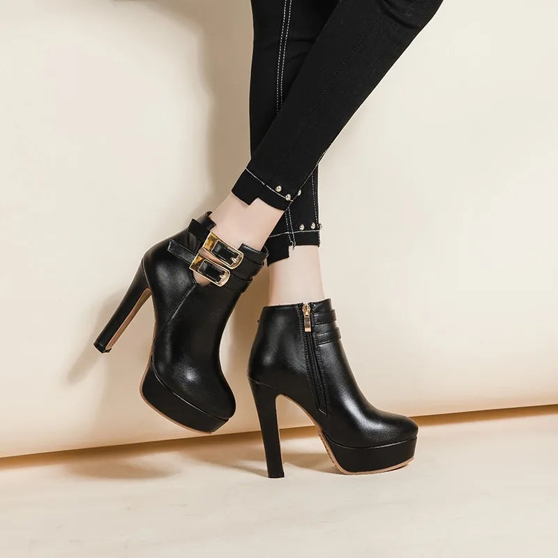 Women Boots High Heels Clogs Platform Boots-Women Shoes  Footwear Round Toe Stiletto Black Leather Rubber - Natalia Home Fashion