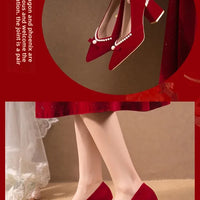 Women's Chunky Heel Pointed Toe Slip-On Shoes Wedding Dress Two-Way Wear Pearl Red Bridal Shoes Spring Autumn New Style
