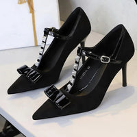 Banquet Bow Rivet T-button Pointed Head High Heel Women's Single Shoes