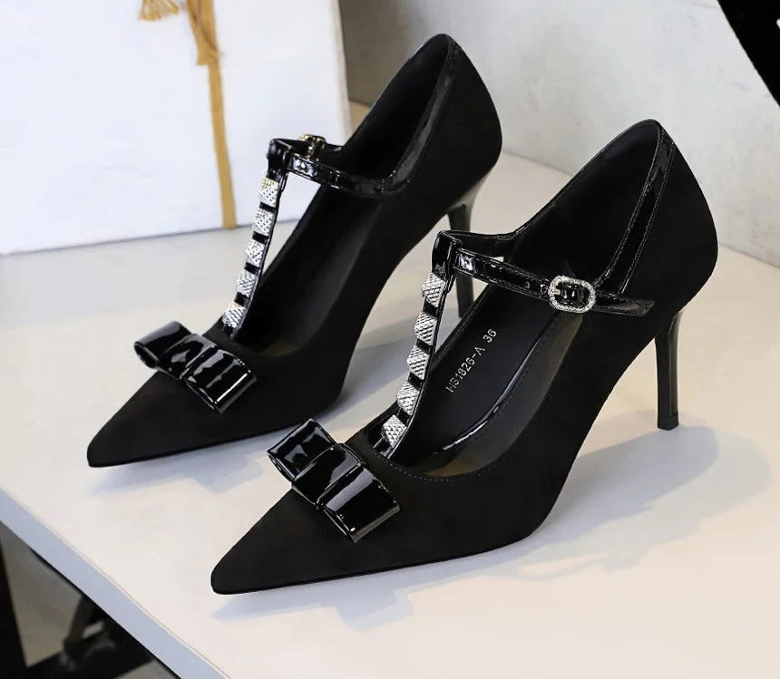 Banquet Bow Rivet T-button Pointed Head High Heel Women's Single Shoes