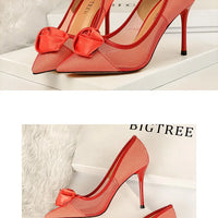 Women's Sexy Nightclub Pole Dancing Show Thin Heels High Mesh Hollowed Out Satin Rose Flower Woman Pumps