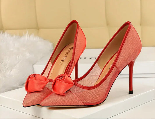 Women's Sexy Nightclub Pole Dancing Show Thin Heels High Mesh Hollowed Out Satin Rose Flower Woman Pumps - Natalia Home Fashion