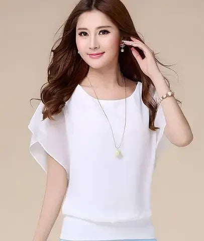 New Spring Summer 2024 Plus Size Women's Clothing Chiffon Short Sleeve Bat Wing Shirt Loose Fit Slimming T-Shirt For Women Natalia Home Fashion    Natalia Home Fashion