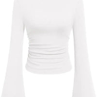 European and American Solid Color Boat Collar Flared Sleeve T-shirt for Women 2025 Autumn Slim Fit Pleated Slim Top Long Sleeves Natalia Home Fashion    Natalia Home Fashion