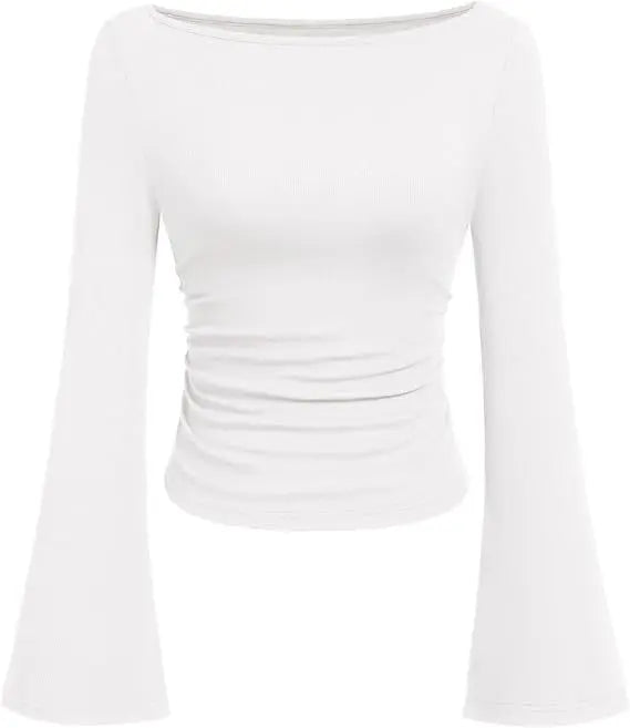 European and American Solid Color Boat Collar Flared Sleeve T-shirt for Women 2025 Autumn Slim Fit Pleated Slim Top Long Sleeves Natalia Home Fashion    Natalia Home Fashion