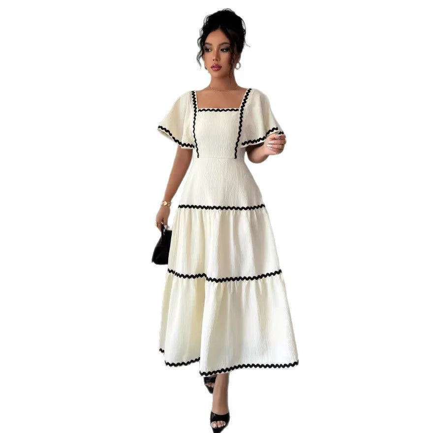 Women's Vintage Square Neck Flutter Sleeve Dress Summer Black Scallop Trim Tiered Ruffle Long Casual Vacation A-line Vestidos Natalia Home Fashion    Natalia Home Fashion
