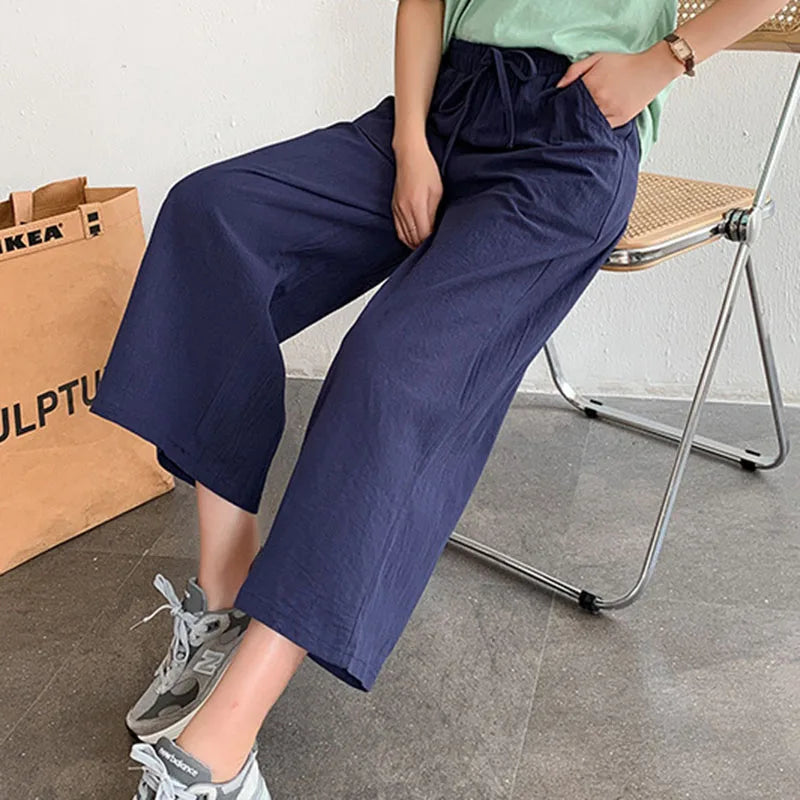 Casual Baggy Wide Leg Trousers Women Summer Thin Comfy Breathable Ankle Length Pants Vintage Loose Cotton Linen Straight Pants