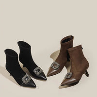 Fashionable Slim Fit Diamond Decorated Pointed Toe High Heel Bootie Mid-Calf Zipper Closure Leather Boot for Women
