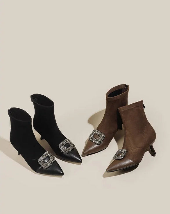 Fashionable Slim Fit Diamond Decorated Pointed Toe High Heel Bootie Mid-Calf Zipper Closure Leather Boot for Women