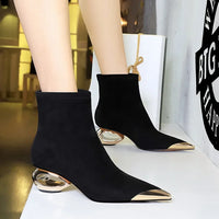Street Style Fur Metal Hollow Heel Modern Faux Suede Short Boots for Women Metal Pointed Toe Low Heel Boots Female