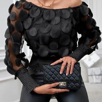 Fashion Women's Shirt Floral Pattern Shirred Sheer Mesh Patch Long Sleeve Off The Shoulder Gigot Sleeve Top
