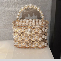 Luxury Pearl Beaded Metal Cage Hollow Out Women Handbag Rhinestones Diamond Evening Bag Wedding Party Clutch Purse Crossbody Bag