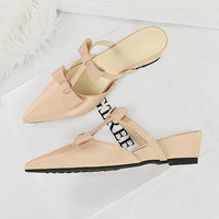 French Wedge Heel Pointed Head Sandals Versatile Bow Medium Heel Half Slippers Women
