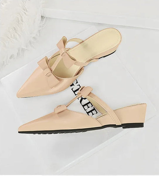French Wedge Heel Pointed Head Sandals Versatile Bow Medium Heel Half Slippers Women
