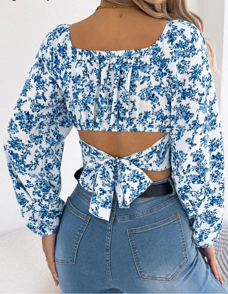 Spring Square Neck Backless T-shirt Casual Women Long Sleeve Bodycon Crop Top Club Short Tops