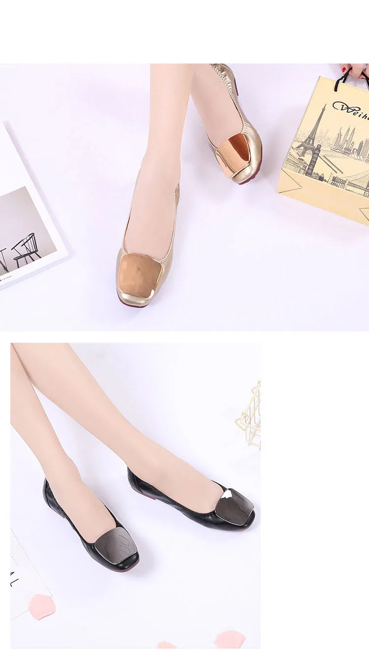 Light Metal buckle roll-up flats ladies shoes cozy moccasins sequined cloth foldable ballet flats