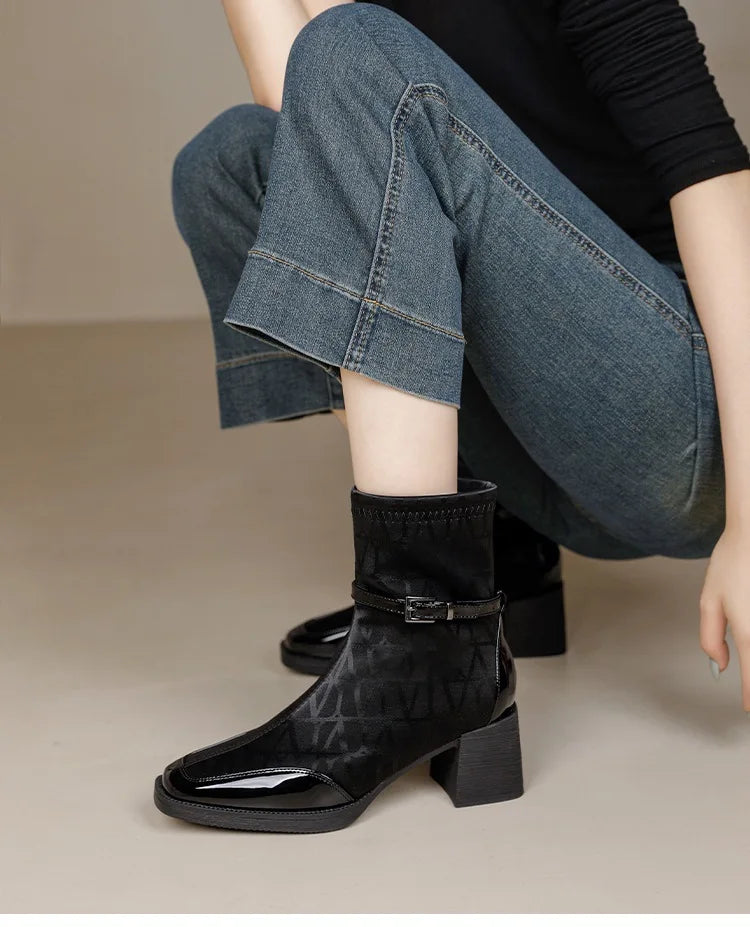 Women's Side Zipper Boot High Heel Short Boot Winter Mid-Calf Boot Chinese Style National Wedding Boot