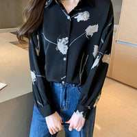 Women's Blouse Long Sleeve Rose Printed Fashionable Chiffon Shirt Long Sleeve Top