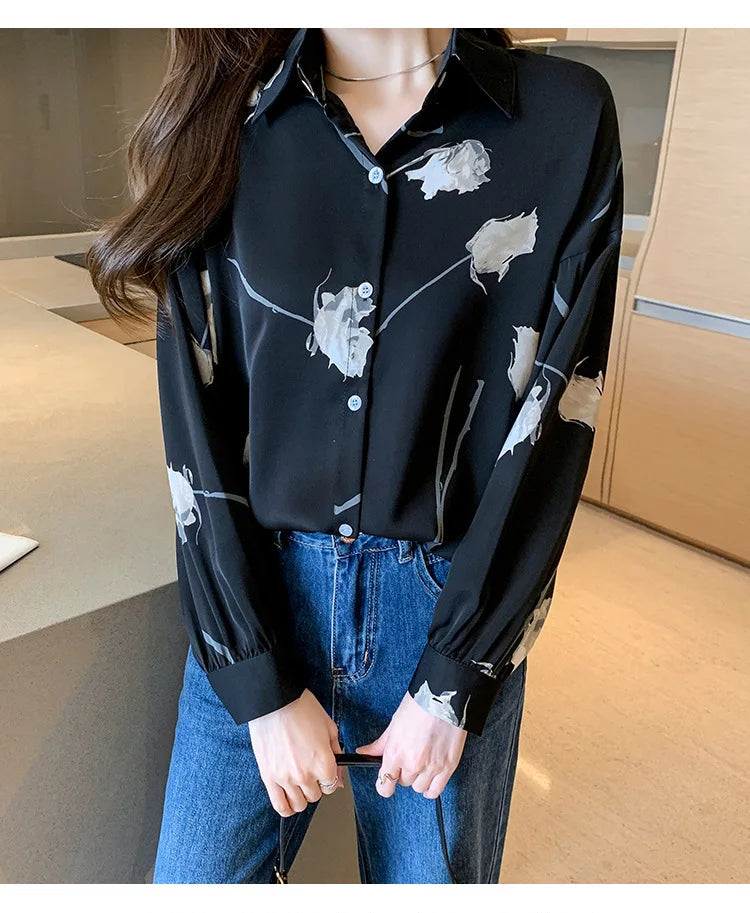 Women's Blouse Long Sleeve Rose Printed Fashionable Chiffon Shirt Long Sleeve Top