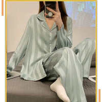 Striped Satin Pajamas Women Jacquard Loungewear Long Sleeve Trousers Two-Piece Set Solid Color Roll-Neck Cardigan Sleepwear