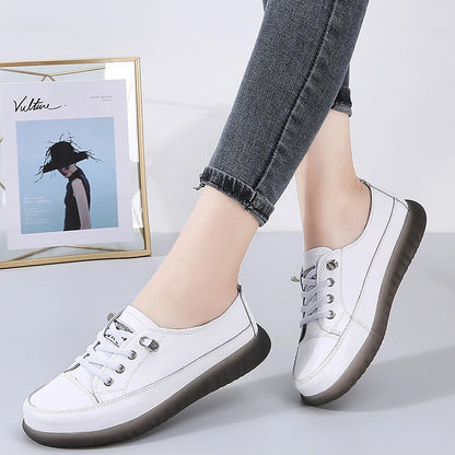 Genuine Leather Vulcanized Shoes Women Jogging Sneakers Woman Lace Up Flat Walking Trainers Fitness Cross-training