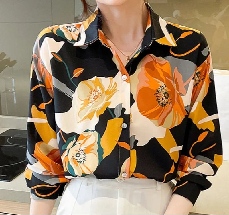 Vintage Style for Women Long Sleeve Flower Printed Spring Autumn semi formal Style Elegant Single Breasted Shirt