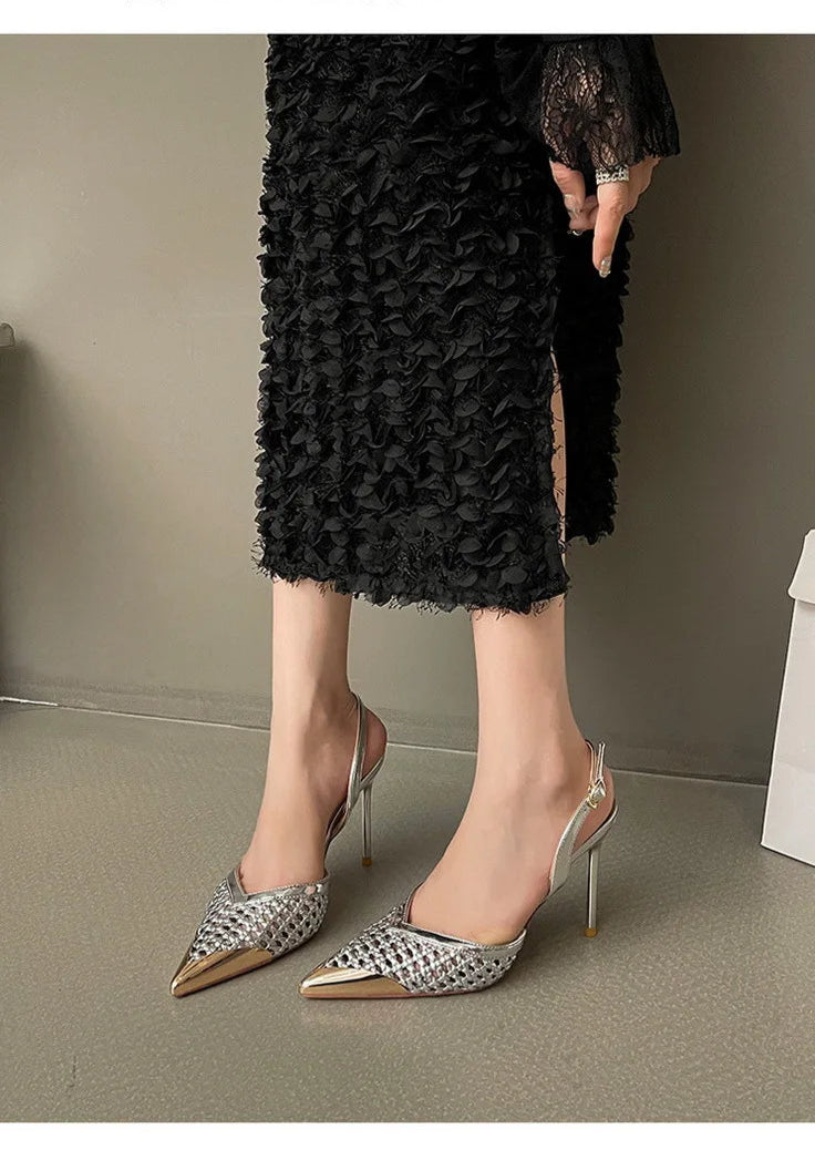 Elegant Hollow Out Woven Stiletto Sandals Women Pointed Toe Metal Straps High Heels