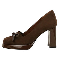 Chunky Block Heels Women Pumps Bow Decoration High Heels Square Headed Platform High Heels Suede Ladies Shoes