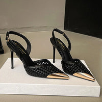 Elegant Hollow Out Woven Stiletto Sandals Women Pointed Toe Metal Straps High Heels