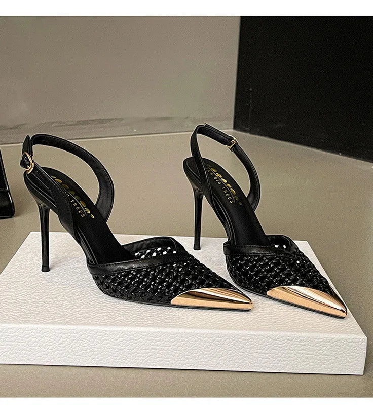 Elegant Hollow Out Woven Stiletto Sandals Women Pointed Toe Metal Straps High Heels