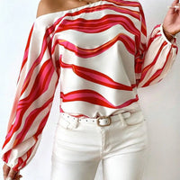 Elegant Printed Sleeve Shirt Independent Station Cross-Border Women's Long Sleeve One-Shoulder Loose Top Commute Style