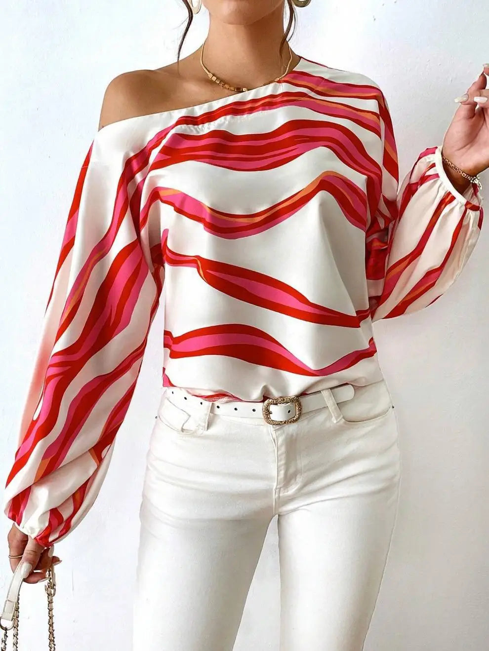 Elegant Printed Sleeve Shirt Independent Station Cross-Border Women's Long Sleeve One-Shoulder Loose Top Commute Style
