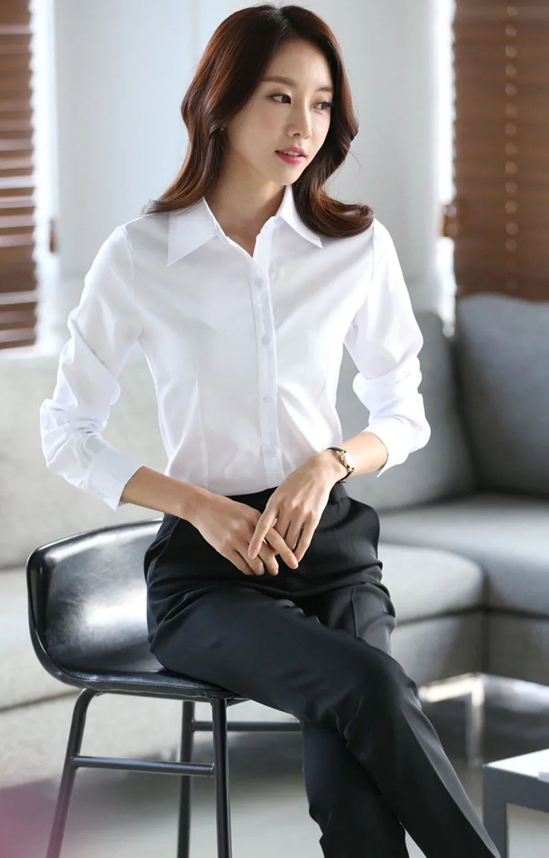 2025 New Women's White Striped Blouse Korean Slim Long Sleeve Printted Turn Down Collar Shirts Single-breasted Office Lady Shirt