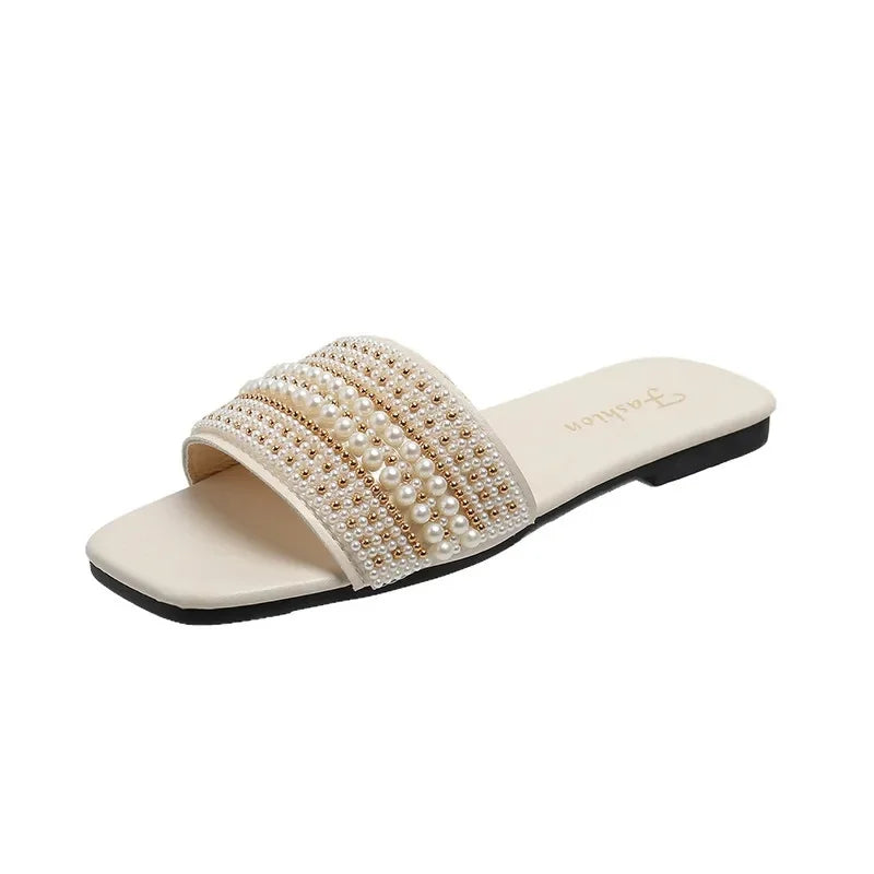 Flat Bottom Sandals Women's Fashionable Pearl Casual Beach Slippers Comfortable Rubber Upper Footwear - Natalia Home Fashion