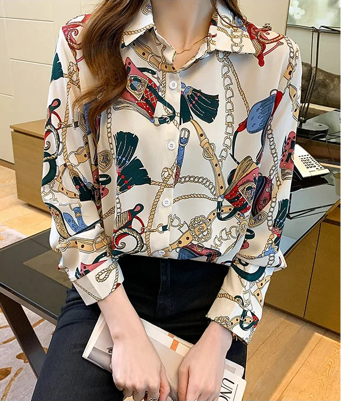 Fashion chain print ladies shirts Spring Women Blouses Long Sleeve Shirts Tops