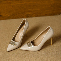 French Style Single Shoes Spring Women Pumps New Pointed Toe Shallow Mouth Metallic Buckle Commuting Shoes Stiletto Single Shoes