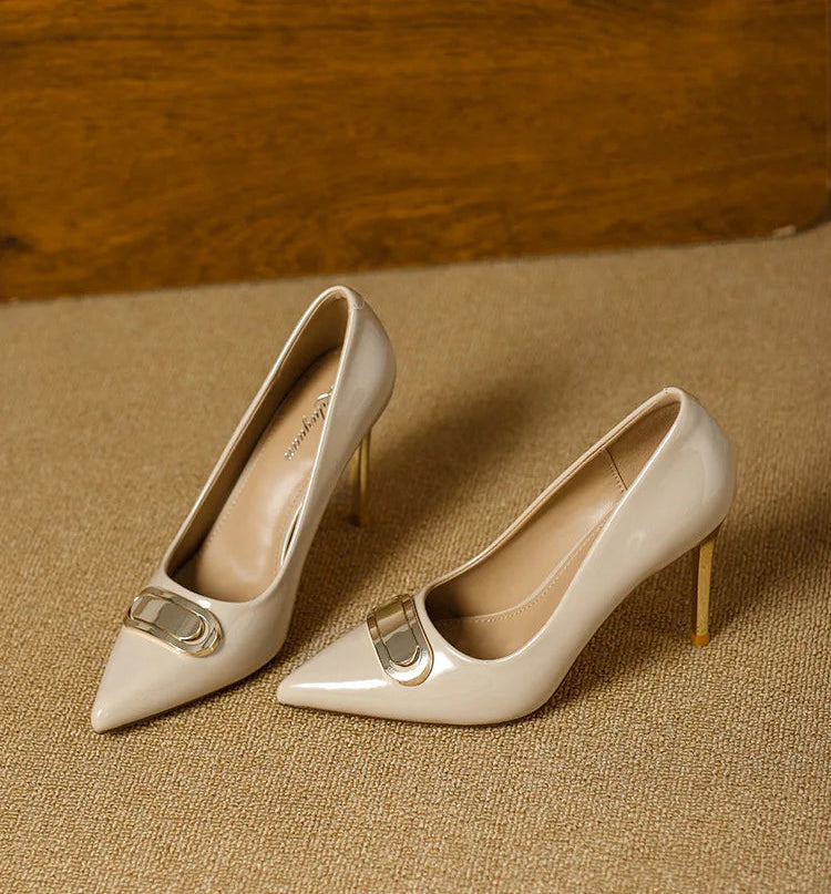 French Style Single Shoes Spring Women Pumps New Pointed Toe Shallow Mouth Metallic Buckle Commuting Shoes Stiletto Single Shoes
