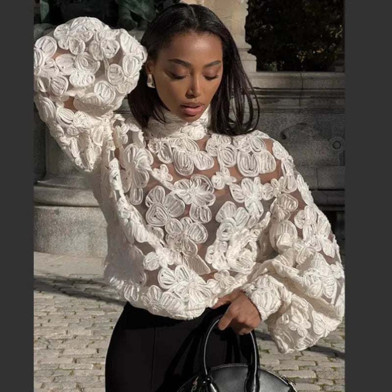 Luxury Fashion Jacquard See-through Shirts Women 3D Flower Long Sleeve Blouse Patchwork Tops Loose Design Lady Outerwear