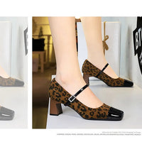 Leopard Print Women Pumps Suede Middle Heel Shoes Sexy Mary Jane Shoes Rhinestone Buckle Ladies Shoe Square Head