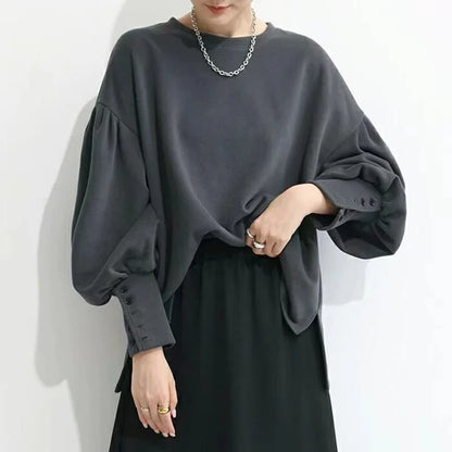 Long-sleeved T-shirt Versatile Outer Casual Top Women's Simple Lantern Sleeves Solid Color Loose Round Neck Women's shirt - Natalia Home Fashion