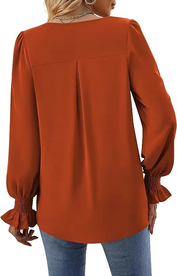 Fashion Simple Solid Color Pullover Shirt Women Loose V-neck Flared Sleeve Shirts Top Female Elegant Commuting Clothing