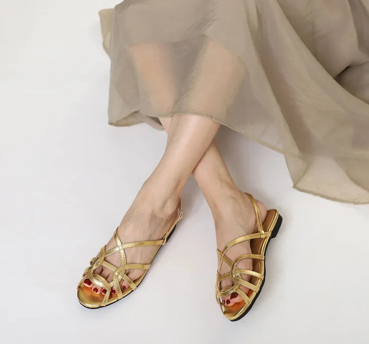 French-style cross-strap sandals, summer open-toe flat women's shoes, one-strap buckle Roman-style commuter shoes