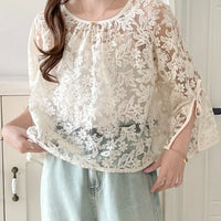 Round Neck Lace Shirt Women's Summer Floral Print Tie Dotted Cotton Blend Full Sleeve Slim Fit Button up Top