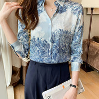 French Printed Lapel Shirt Long Sleeve Loose Mulberry Silk Top Temperament Commuting Shirt Women's Summer Style