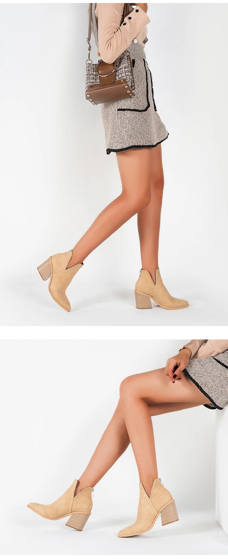Boots Women Ankle Leopard Mid Heel Shoes Female Slip-On Casual Black Square Heel Booties
