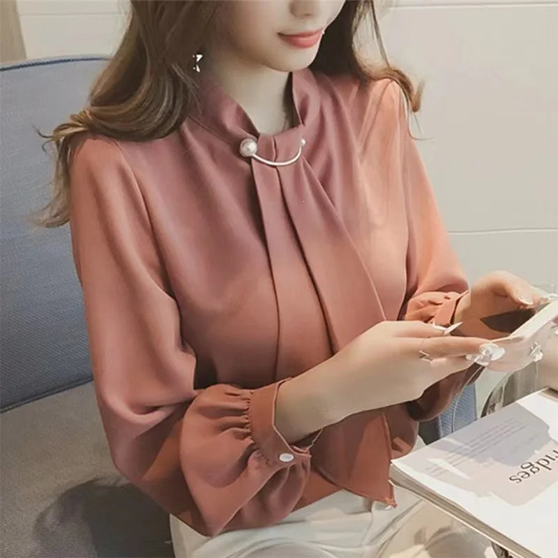 Summer Style Ring Buckle Design Lantern Sleeve Hooded Chiffon Long Sleeve Base Shirt Women's Top