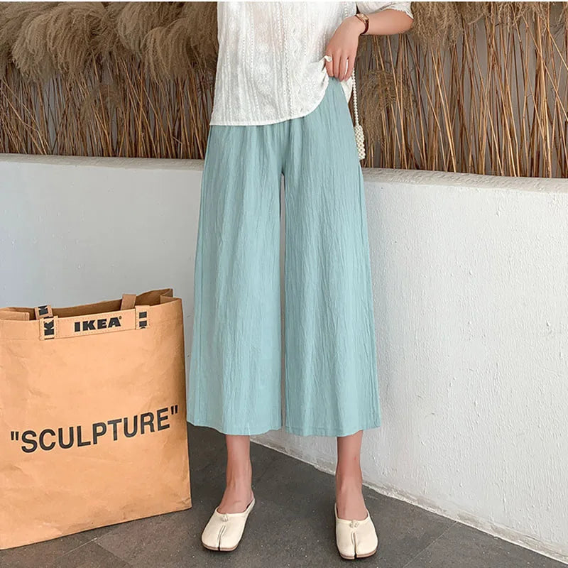 Casual Baggy Wide Leg Trousers Women Summer Thin Comfy Breathable Ankle Length Pants Vintage Loose Cotton Linen Straight Pants