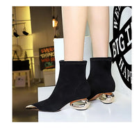 Street Style Fur Metal Hollow Heel Modern Faux Suede Short Boots for Women Metal Pointed Toe Low Heel Boots Female
